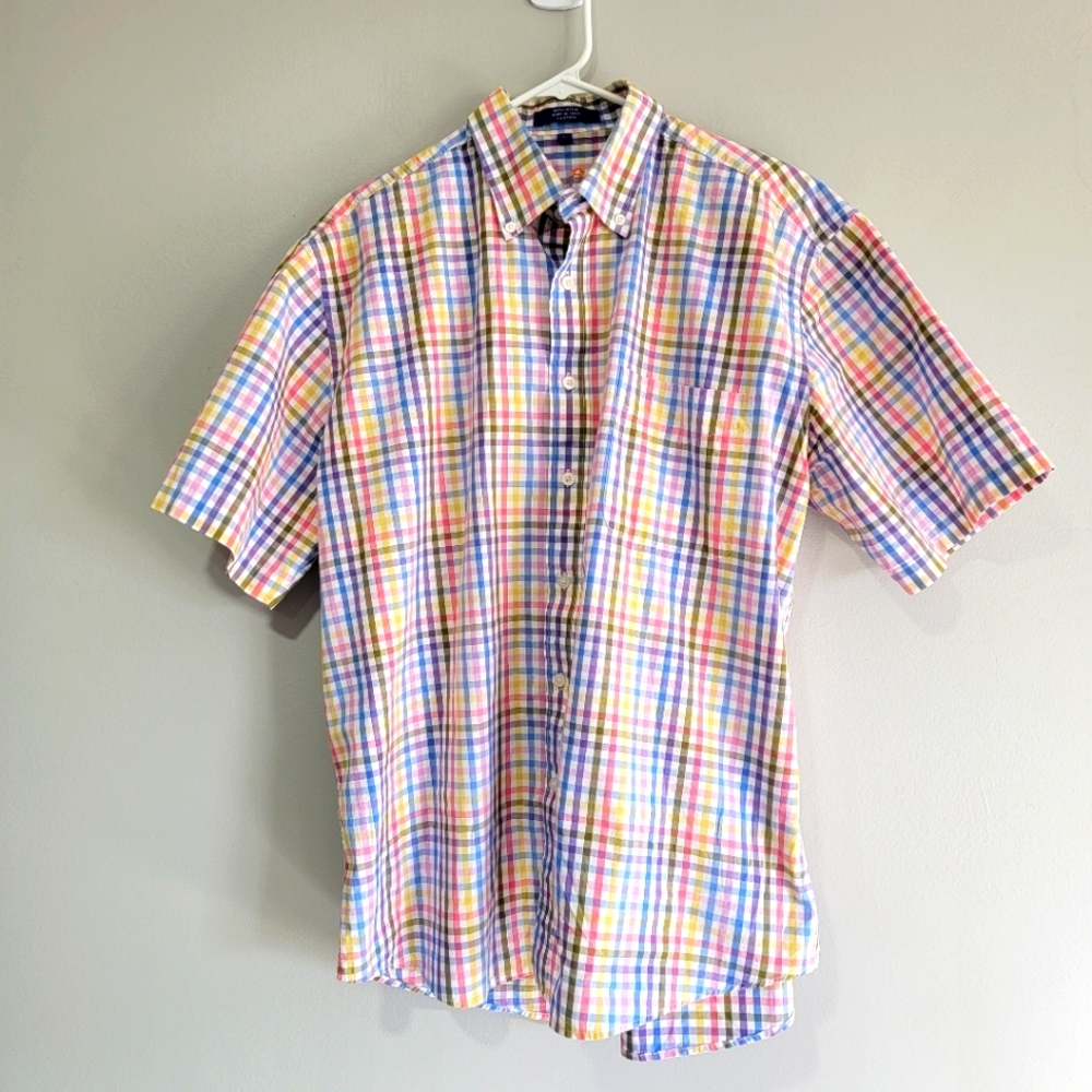 Alan Flusser Mens Multicolored Plaid‎ Short Sleeve Button Up Shirt Large Casual